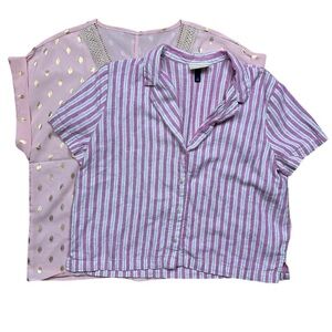 Bundle of 2 Women's Tops Pink Striped Crop Button-Up Pink Shirt Size L